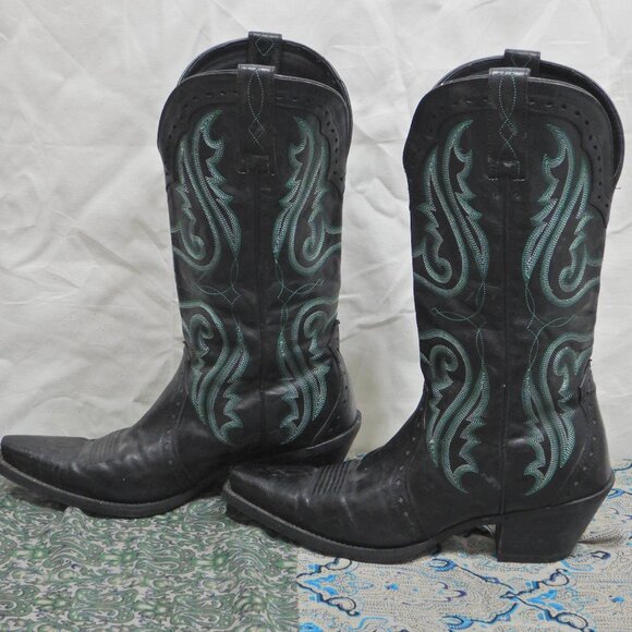 Ariat Tall Black Leather Cowboy Boots with Turquoise Embroidery - Picture 4 of 13
